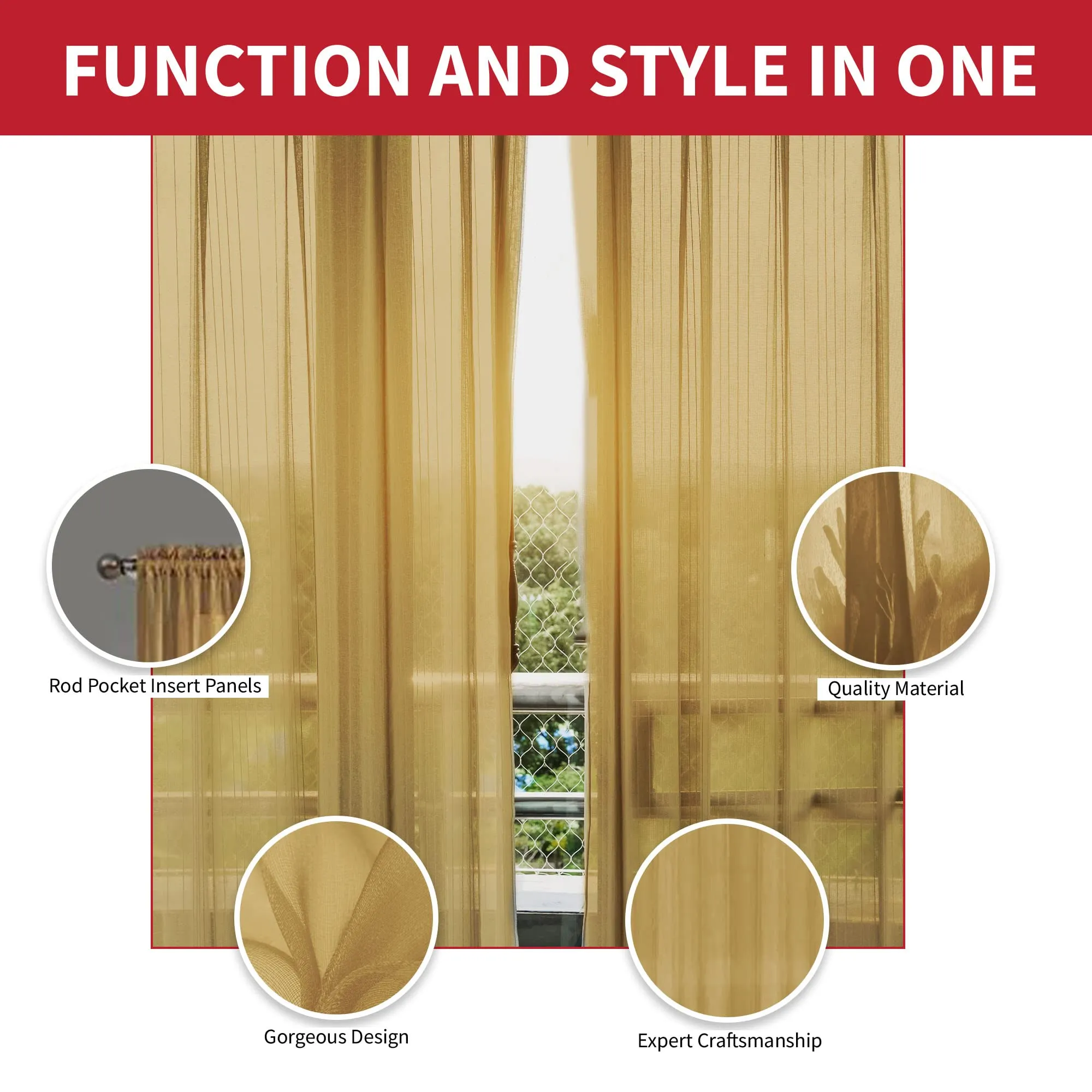 2 Panels Window Sheer Curtains 54" x 84" Inches (108" Total Width), Voile Panels for Bedroom Living Room, Rod Pocket, Decorative Curtains, Solid Sheer Curtains Gold