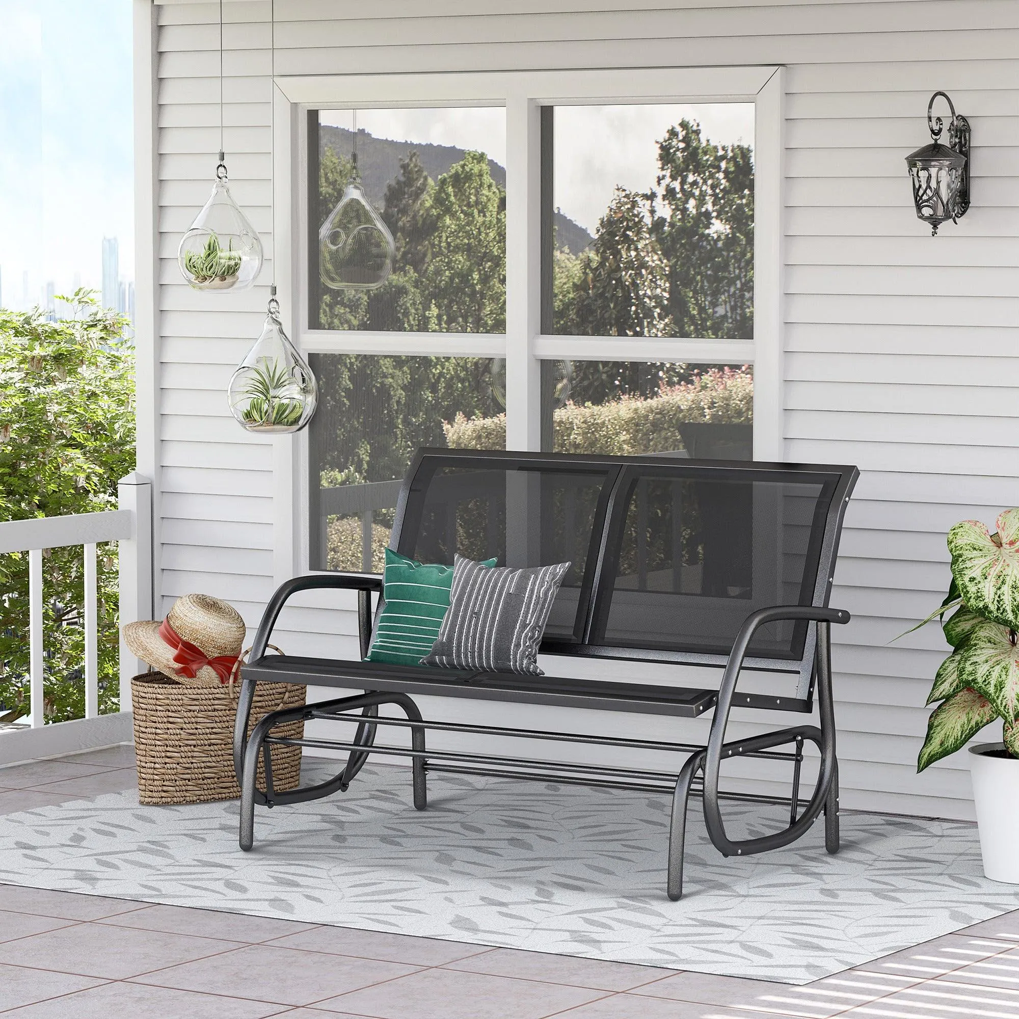 2-Person Outdoor Glider Bench, Double Swing Rocking Chair Loveseat, Black