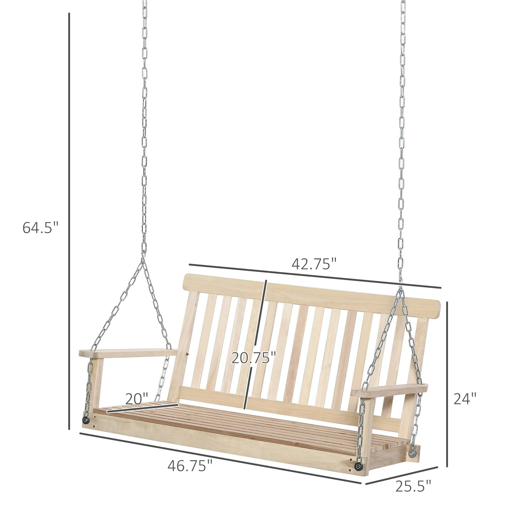 2-Seater Hanging Porch Swing, Slatted Build, 440 lbs Capacity, Natural