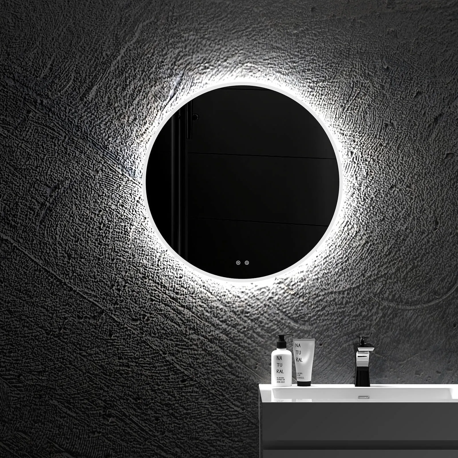 φ20" Modern LED Backlit Bathroom Mirror, Diffused Soft Light, Defogging Function, CRI>90, Adjustable Light Brightness & Temperature 3000K, 4500K, 6000K, 0.2" Thick High-definition Silver Mirror