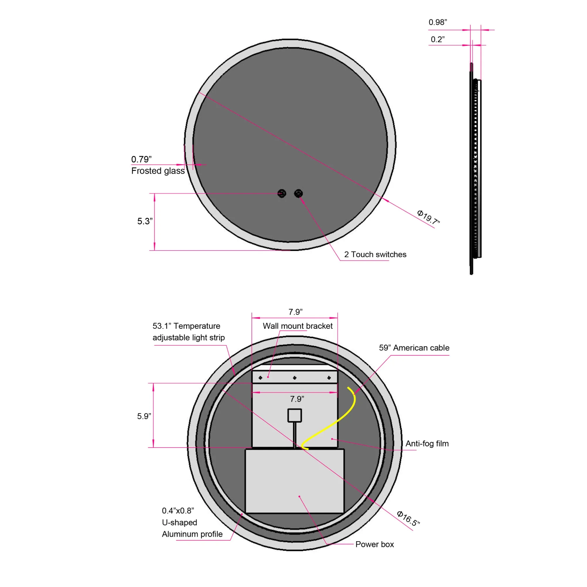 φ20" Modern LED Backlit Bathroom Mirror, Diffused Soft Light, Defogging Function, CRI>90, Adjustable Light Brightness & Temperature 3000K, 4500K, 6000K, 0.2" Thick High-definition Silver Mirror