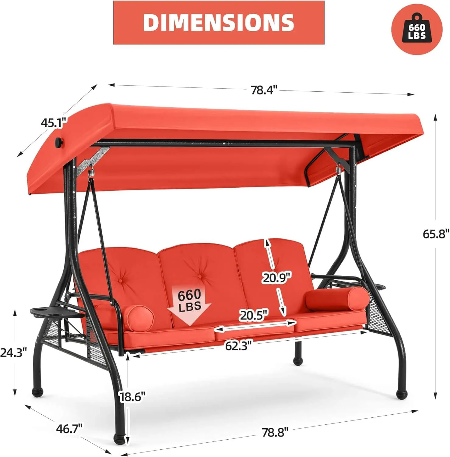 3-Seat Outdoor Porch Swing with Adjustable Canopy and Backrest, Orange