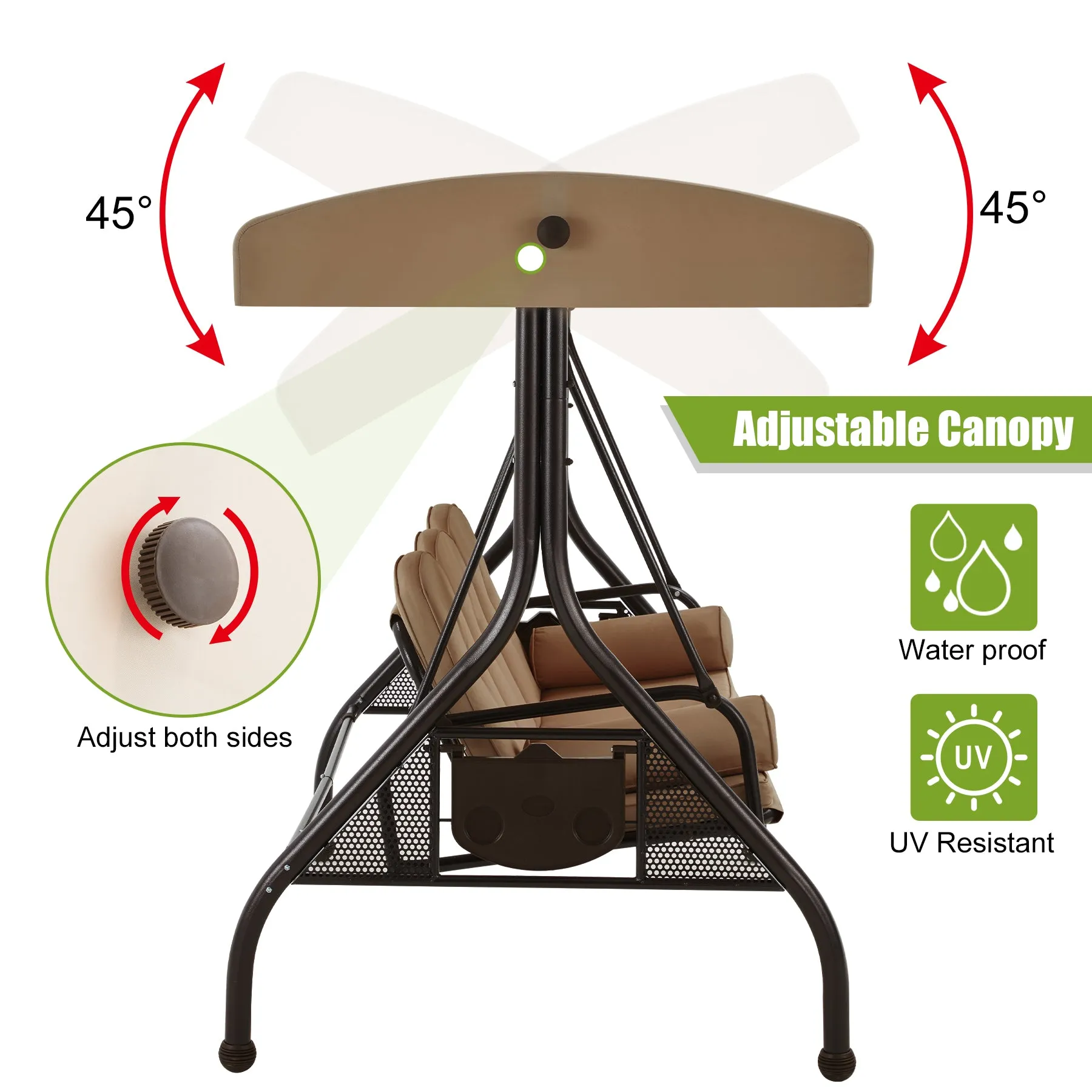 3-Seat Outdoor Porch Swing with Adjustable Canopy and Backrest,Brown