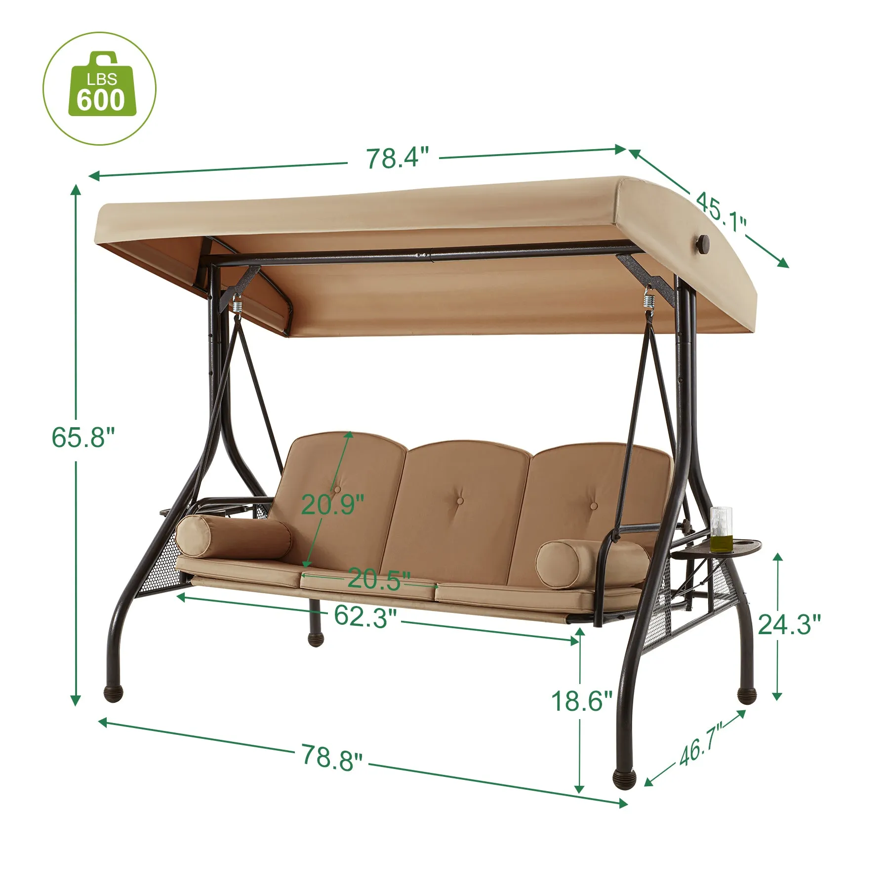 3-Seat Outdoor Porch Swing with Adjustable Canopy and Backrest,Brown