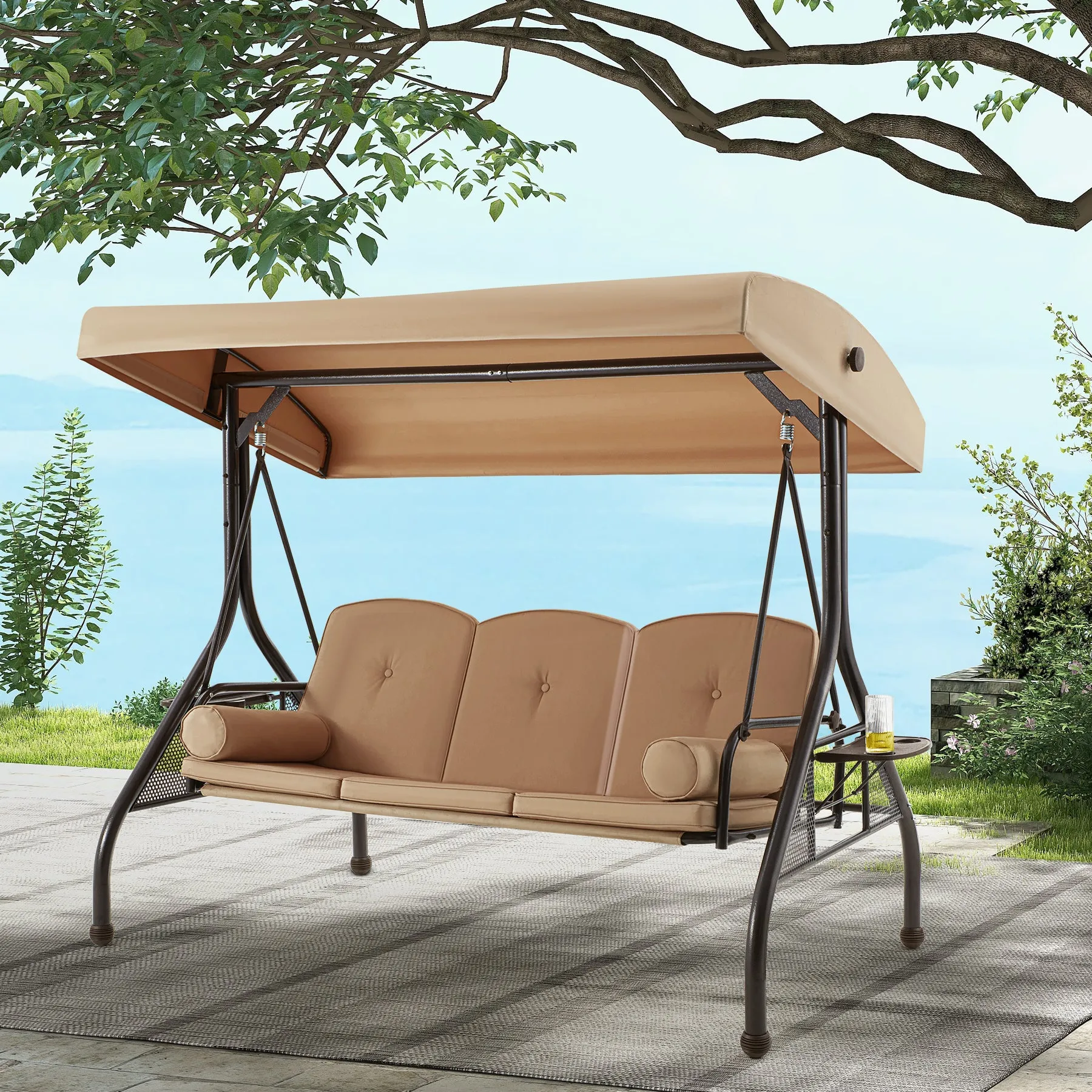 3-Seat Outdoor Porch Swing with Adjustable Canopy and Backrest,Brown