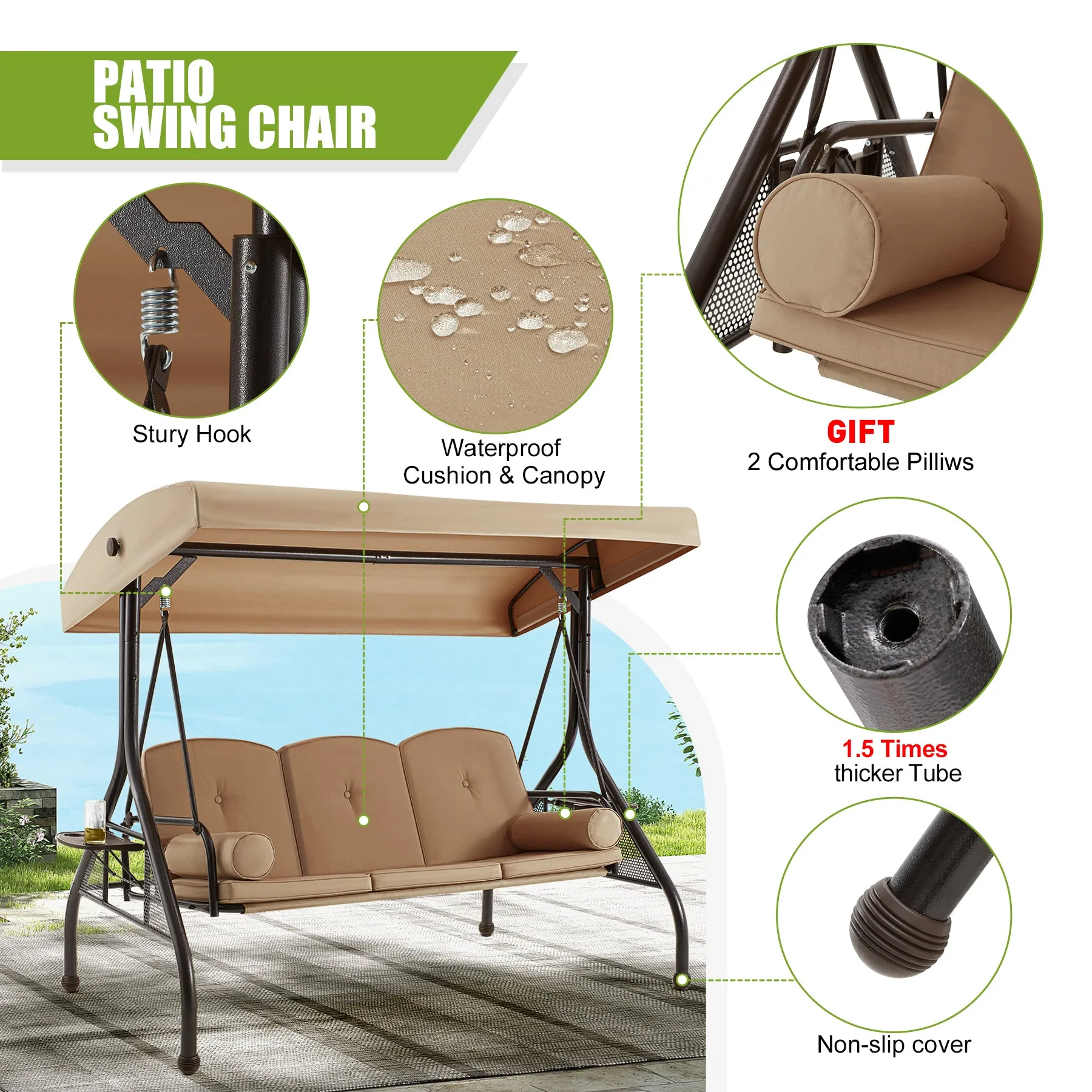 3-Seat Outdoor Porch Swing with Adjustable Canopy and Backrest,Brown