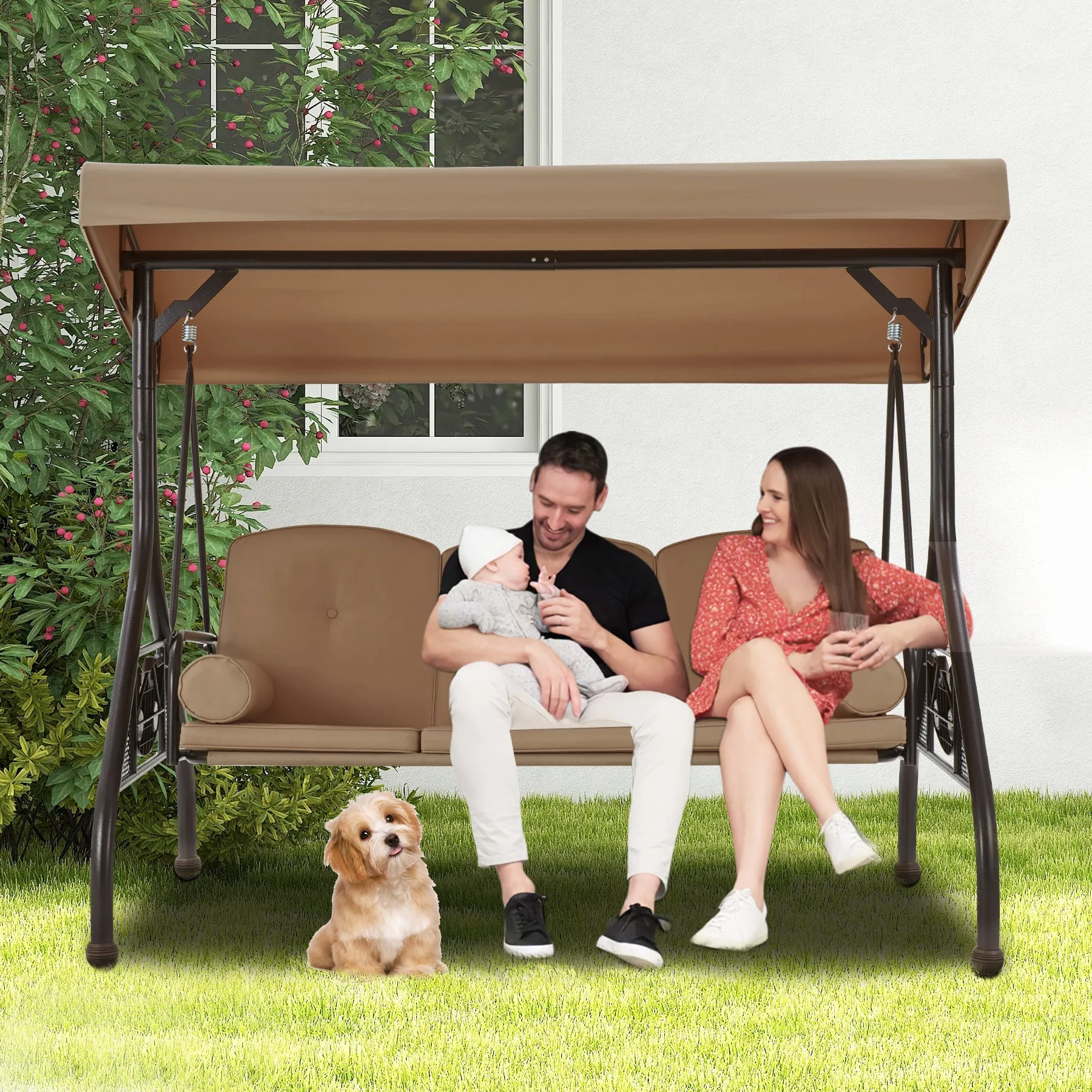 3-Seat Outdoor Porch Swing with Adjustable Canopy and Backrest,Brown