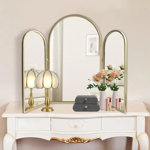 BAODANFU Trifold Vanity Mirrors 3 Way, 30 x 37in Adjustable Vanity Mirrors for Bathroom, Bedroom, Champaign Golden Arch Mirrors Wall Mounted Decoration, Braiding Hair, Makeup 360° Way