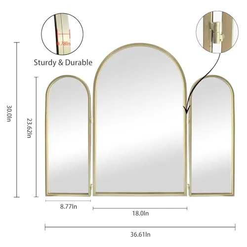 BAODANFU Trifold Vanity Mirrors 3 Way, 30 x 37in Adjustable Vanity Mirrors for Bathroom, Bedroom, Champaign Golden Arch Mirrors Wall Mounted Decoration, Braiding Hair, Makeup 360° Way