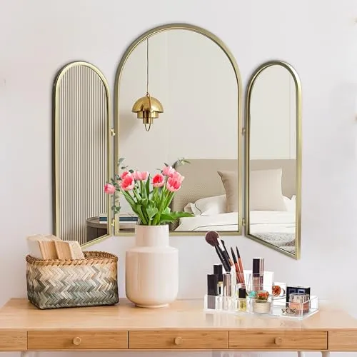 BAODANFU Trifold Vanity Mirrors 3 Way, 30 x 37in Adjustable Vanity Mirrors for Bathroom, Bedroom, Champaign Golden Arch Mirrors Wall Mounted Decoration, Braiding Hair, Makeup 360° Way