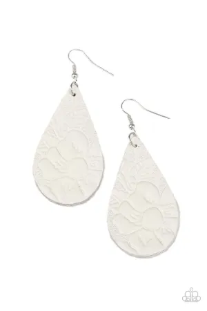 Beach Garden White Leather Teardrop Earrings - Paparazzi Accessories