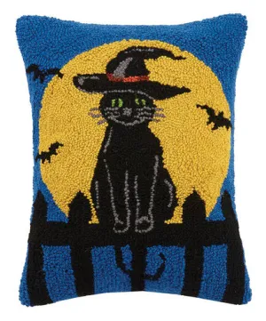 Black Cat in Witch Hat Hooked Pillow