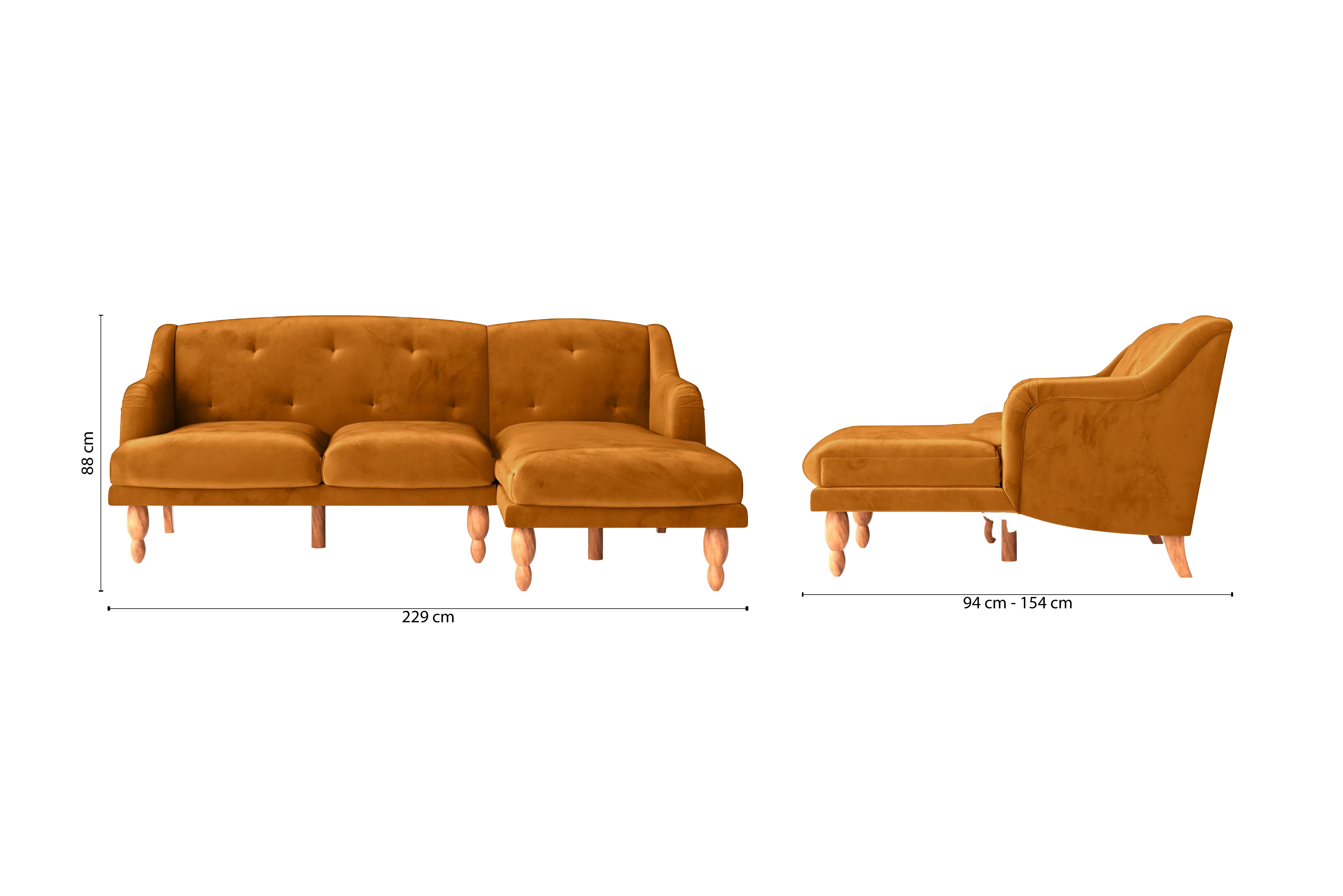 Burlington 3 Seater Right Hand Facing Chaise Lounge Corner Sofa Gold Velvet