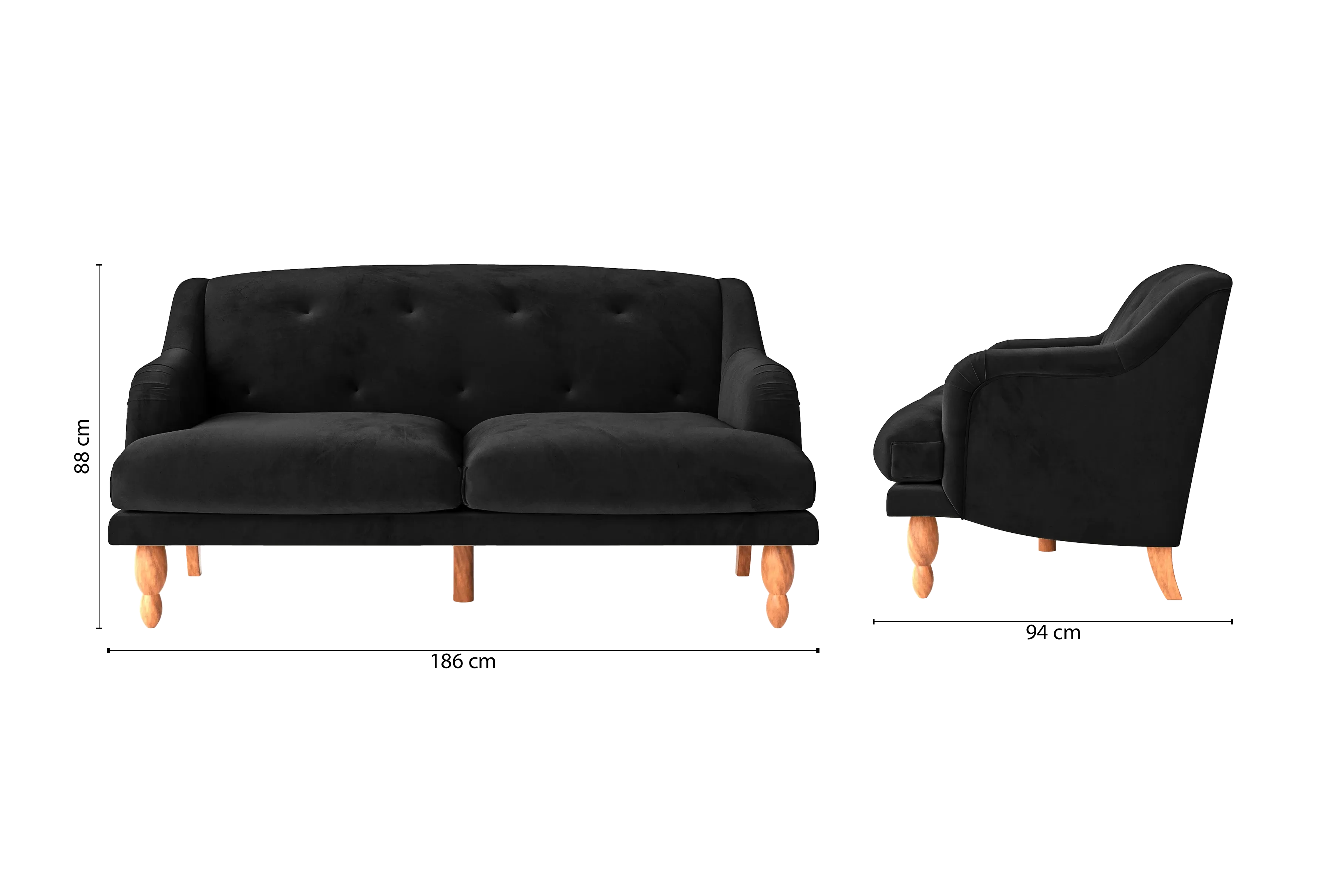 Burlington 3 Seater Sofa Black Velvet