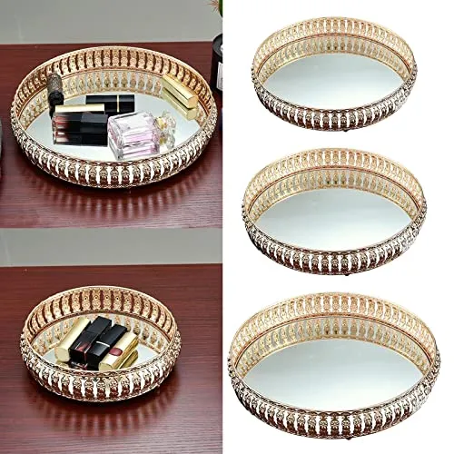 CALANDIS Round Crystal Iron Cosmetic Perfume Organizer Tray Cake Display Decor 21cm