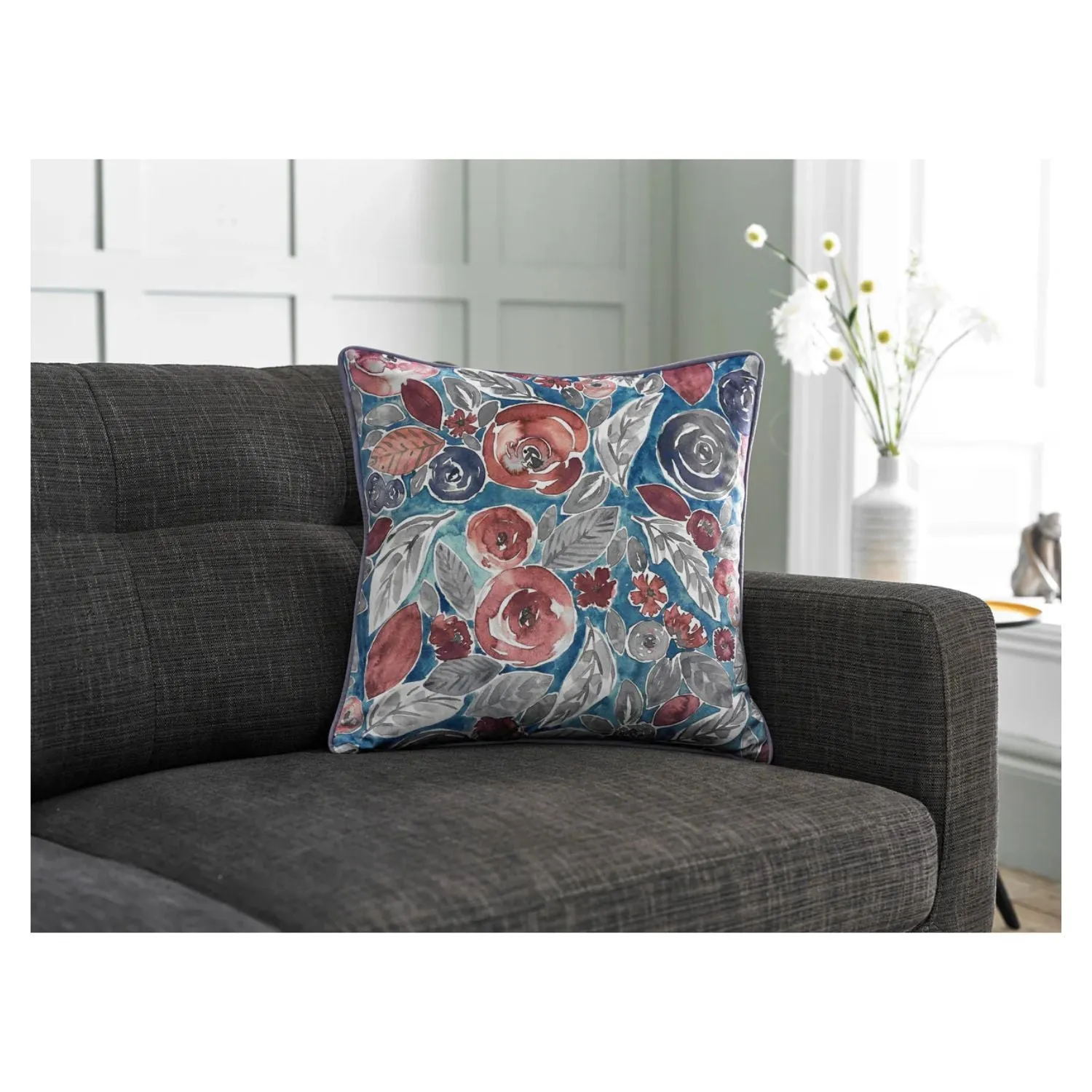 Deyongs 50cm Printed Misty Blue Large Velvet Cushion Including Cushion Pad