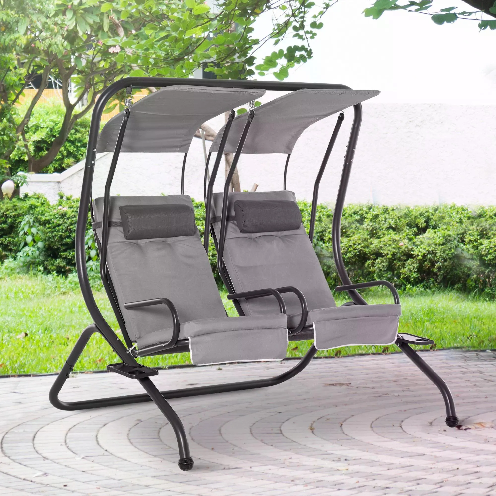 Double Seat Swing Chair Modern Garden Swing w/ 2 Separate Relax Chairs, Handrails, Headrests and Removable Canopy, Grey