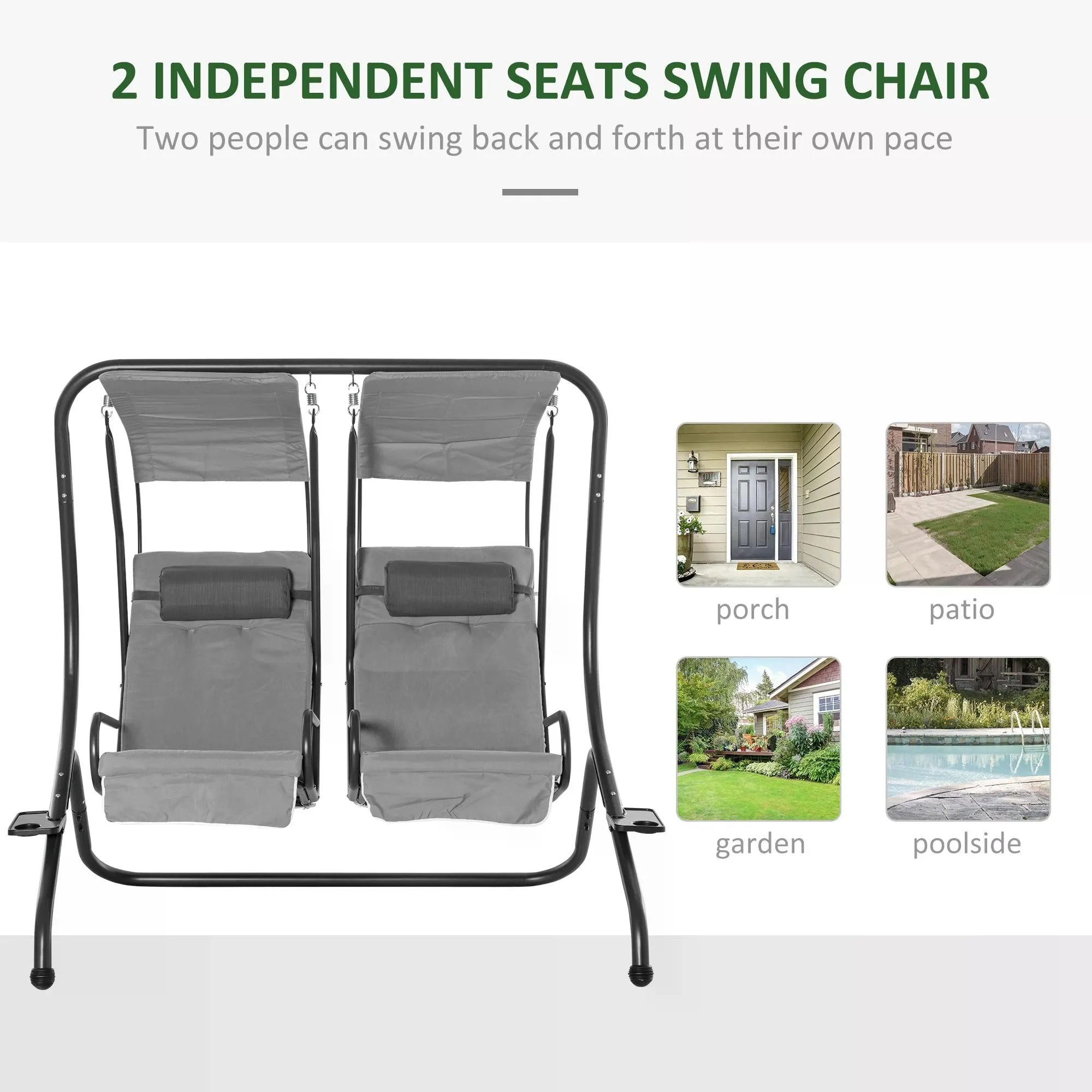 Double Seat Swing Chair Modern Garden Swing w/ 2 Separate Relax Chairs, Handrails, Headrests and Removable Canopy, Grey