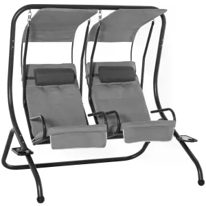 Double Seat Swing Chair Modern Garden Swing w/ 2 Separate Relax Chairs, Handrails, Headrests and Removable Canopy, Grey