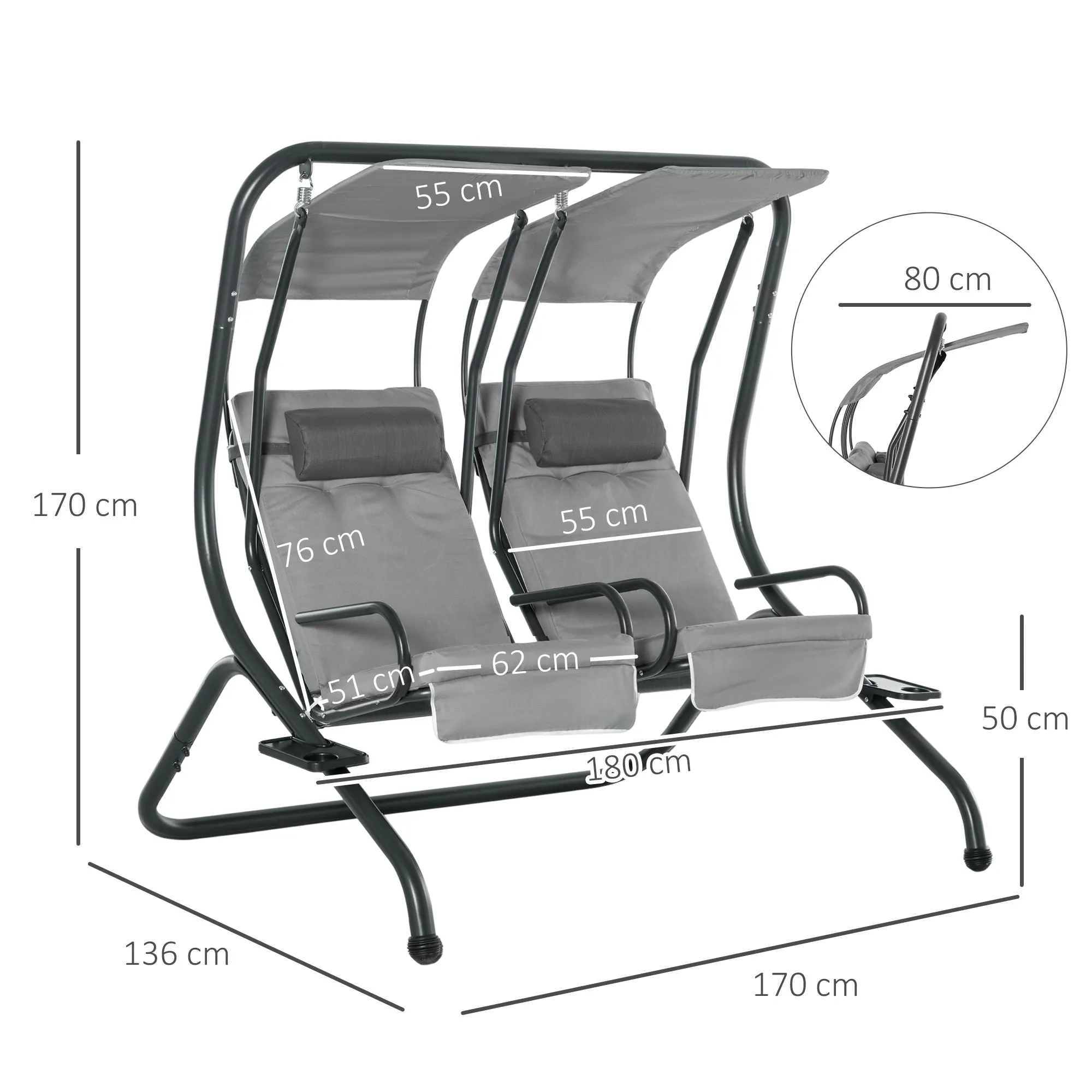 Double Seat Swing Chair Modern Garden Swing w/ 2 Separate Relax Chairs, Handrails, Headrests and Removable Canopy, Grey