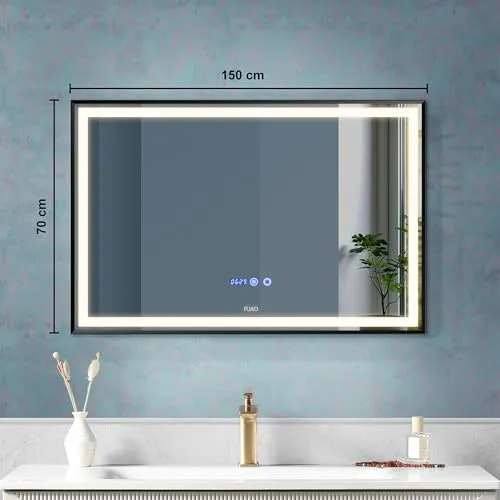 Fuao Premium HD Smart Mirror for Walls with Anti-Fog Function, Time-Temperature Display and Adjustable Brightness 3-Tone LED Lighting| 100% Silver Coating, Anodized Aluminium Frame Black150*70CM