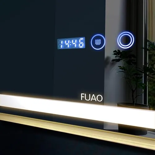 Fuao Premium HD Smart Mirror for Walls with Anti-Fog Function, Time-Temperature Display and Adjustable Brightness 3-Tone LED Lighting| 100% Silver Coating, Anodized Aluminium Frame Black150*70CM