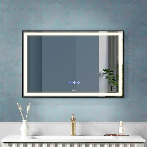 Fuao Premium HD Smart Mirror for Walls with Anti-Fog Function, Time-Temperature Display and Adjustable Brightness 3-Tone LED Lighting| 100% Silver Coating, Anodized Aluminium Frame Black150*70CM