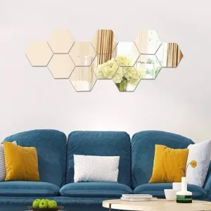 Guru1ders 12 Hexagon Mirror Wall Stickers Silver Self Adhesive Acrylic Mirror Sticker Size (12.1x10.5)Cm Wall Stickers For Living Room, Wall Mirror Stickers, Acrylic Mirror Wall Decor (H-12HexaSilver)