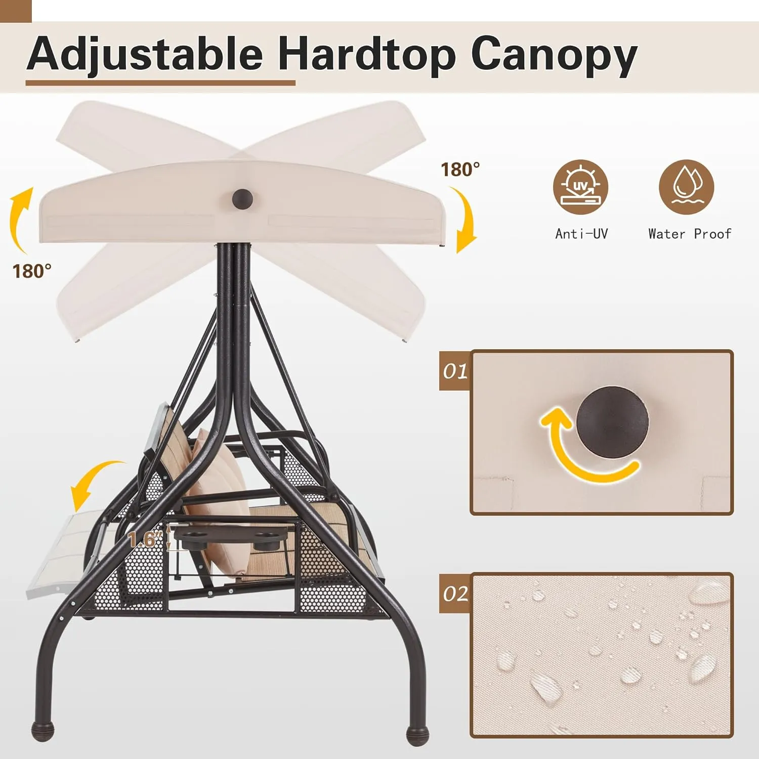 Homrest Outdoor Porch Swing with Adjustable Canopy and Backrest, Brown