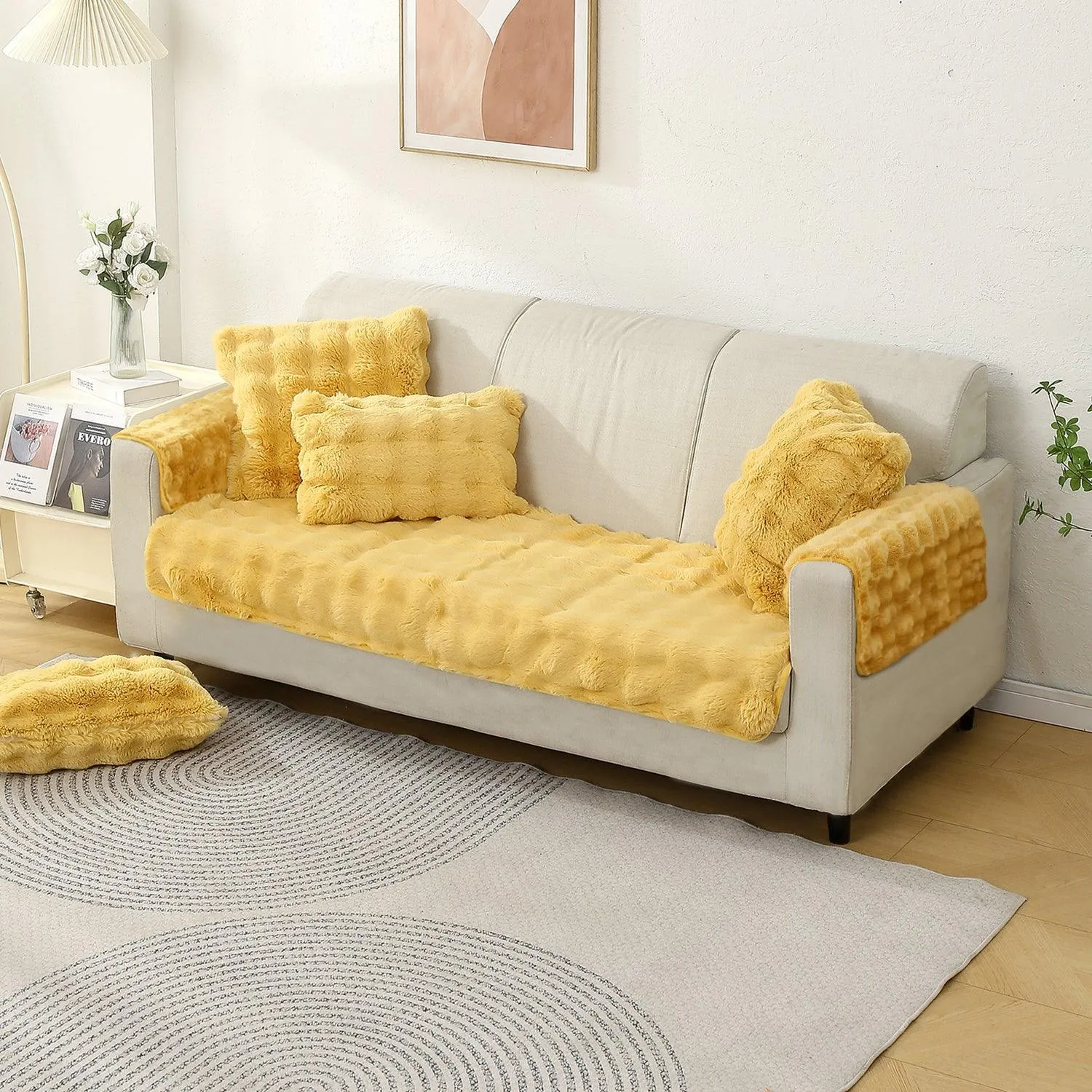 Premium Faux Rabbit Fur Anti Slip Sofa Cover Mat with 2 Armrest Cover, Honey Yellow