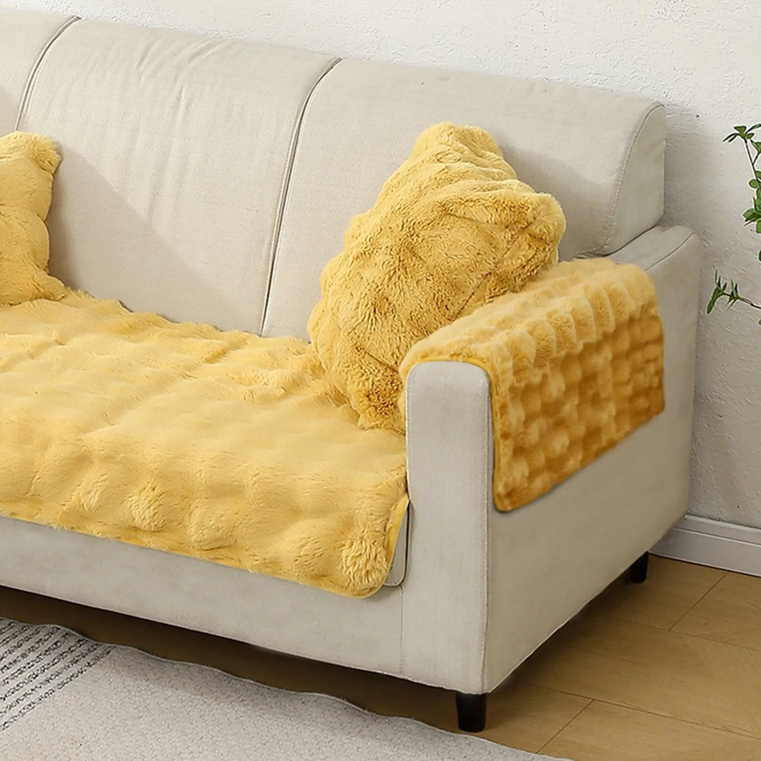 Premium Faux Rabbit Fur Anti Slip Sofa Cover Mat with 2 Armrest Cover, Honey Yellow