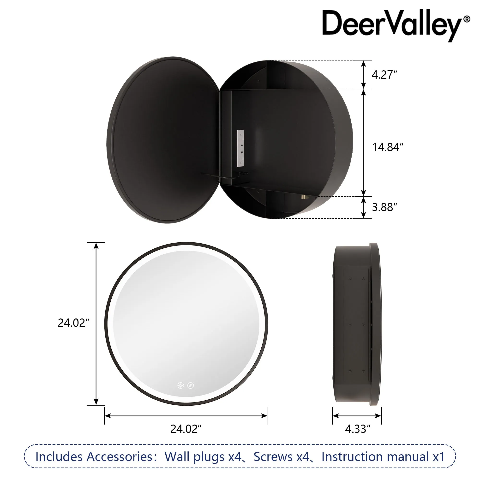 Prism 24 in Round Framed LED Medicine Cabinet with Defogger, Stepless Dimming, Built-in Outlet, Black