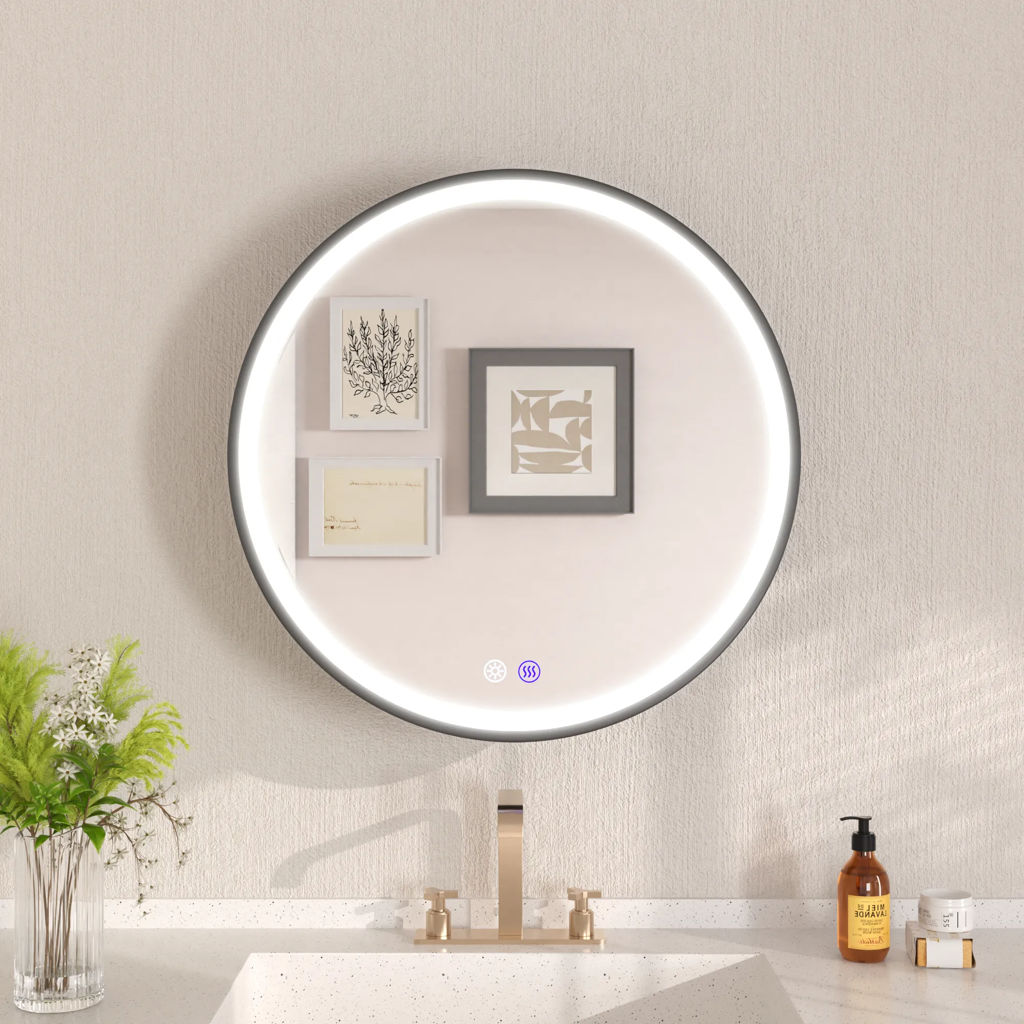 Prism 24 in Round Framed LED Medicine Cabinet with Defogger, Stepless Dimming, Built-in Outlet, Black