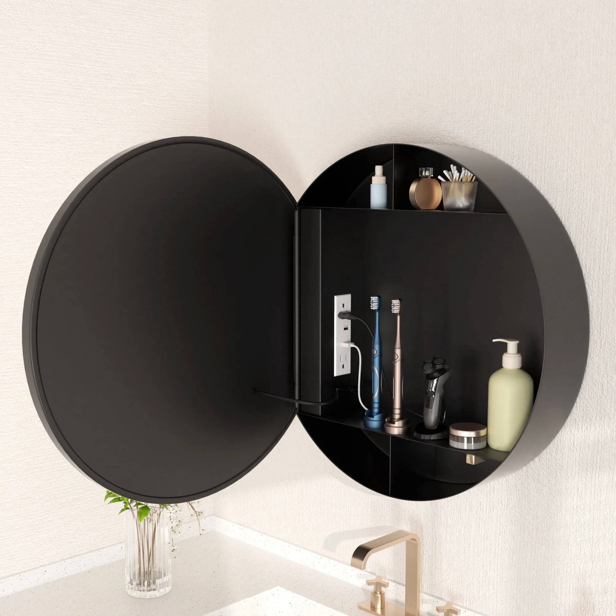 Prism 24 in Round Framed LED Medicine Cabinet with Defogger, Stepless Dimming, Built-in Outlet, Black