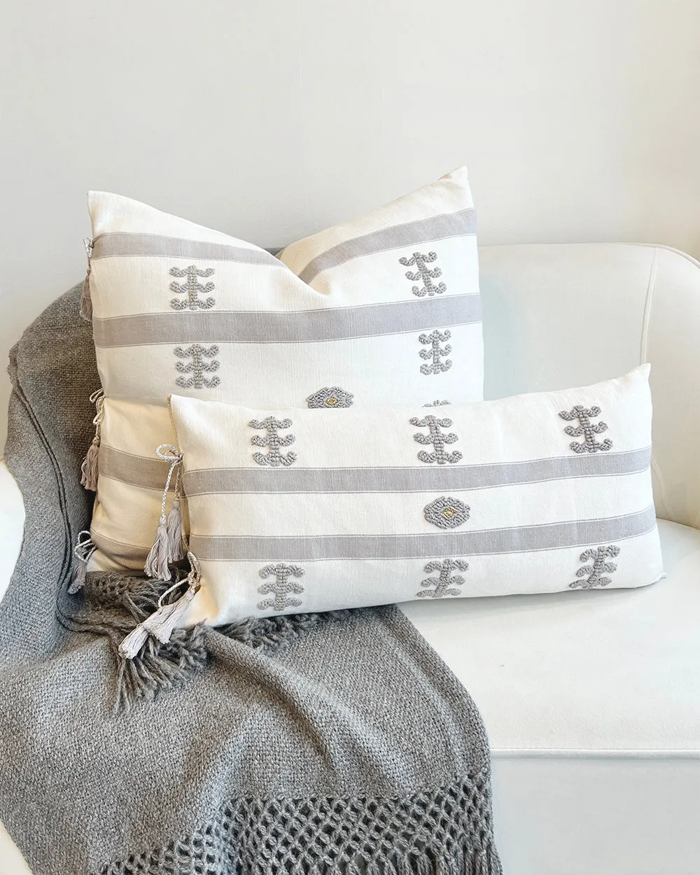 SALE 35% off - Virginia Cotton Throw Pillow White w/ Gray Embroidery