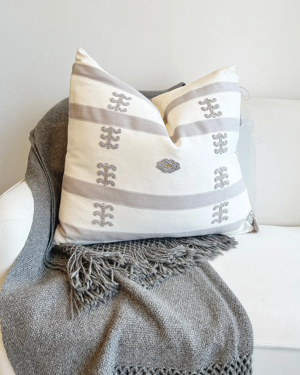 SALE 35% off - Virginia Cotton Throw Pillow White w/ Gray Embroidery