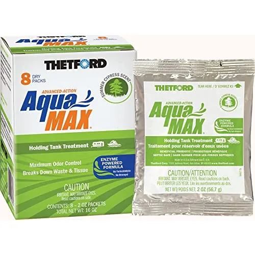 Thetford AquaMAX Summer Cypress Scent RV Holding Tank Treatment, Formaldehyde Free, Waste Digester, Septic Tank Safe, 8 Count Dripack (96674)