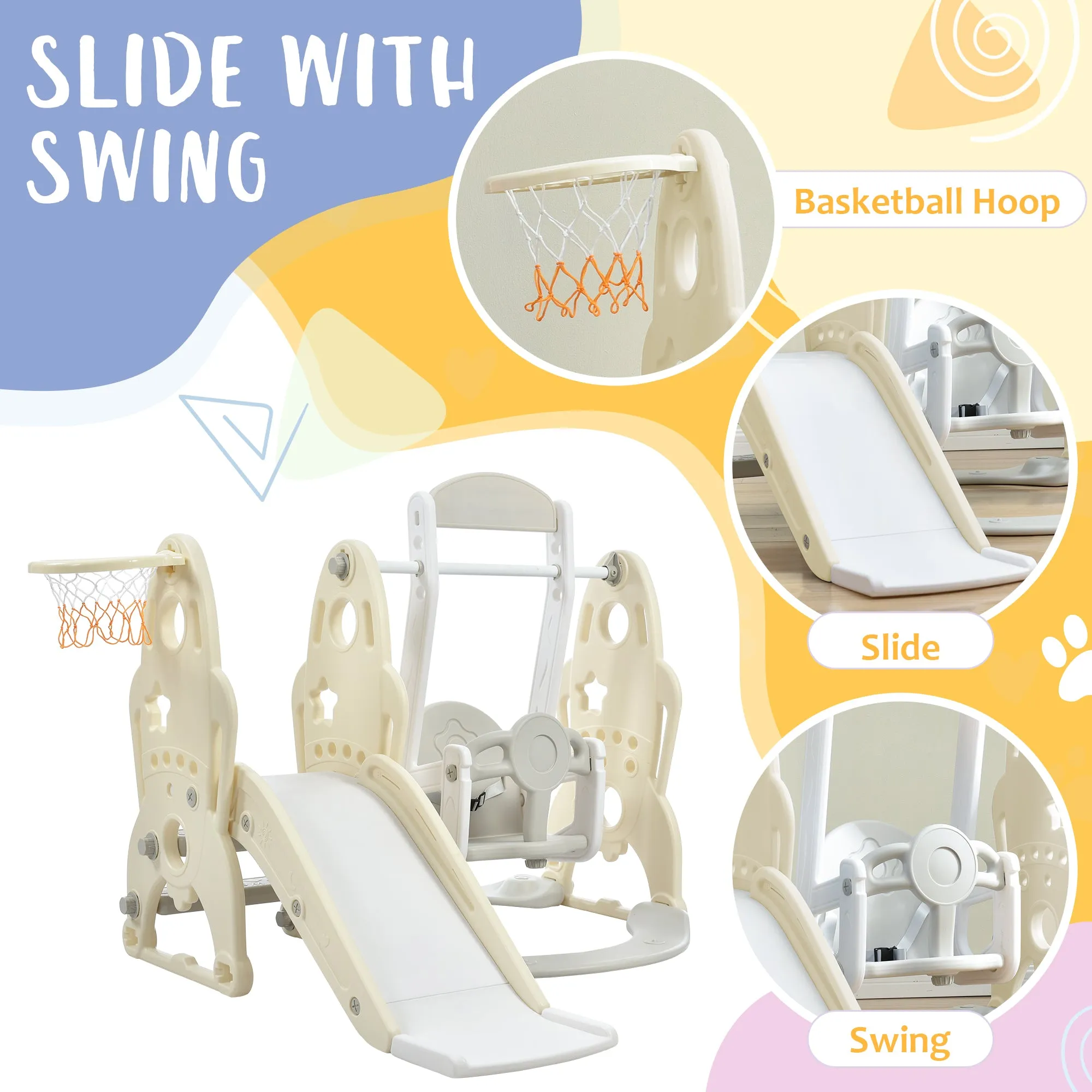 Toddler Slide and Swing Set 3 in 1, Kids Playground Climber Swing Playset with Basketball Hoops Freestanding Combination Indoor & Outdoor